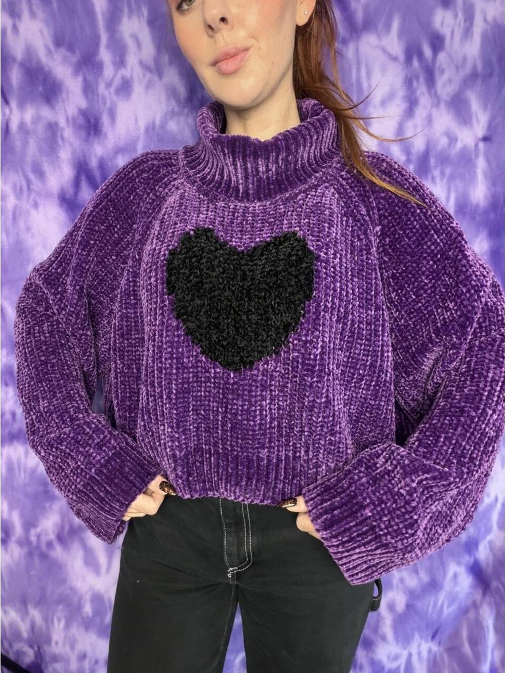 Lazy oaf purple black heart chenille knit sweater